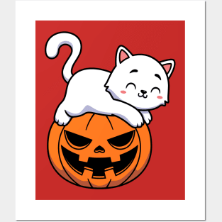 Funny Cute White Cat Laying On Pumpkin Halloween Posters and Art